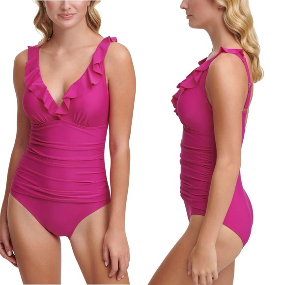 Dkny Ruffle Plunge Underwire Tummy Control One-Piece Swimsuit Dark Pink Sz 16 - Picture 1 of 13